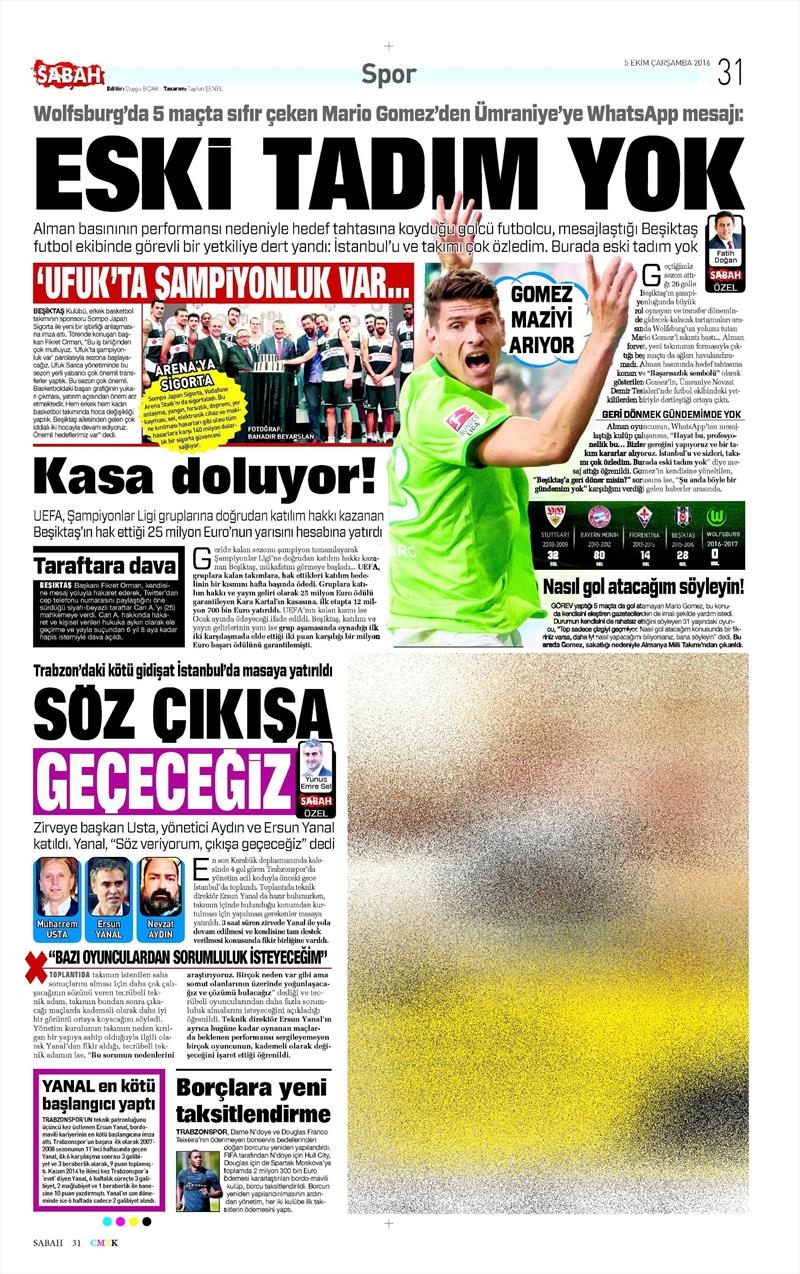 5 Ekim 2016 | Beşiktaş sayfaları - Görsel 4