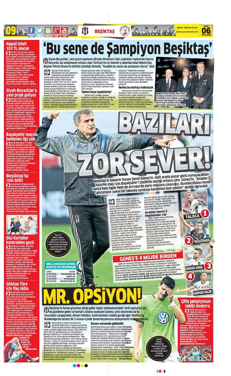 6 Ekim 2016 | Beşiktaş sayfaları - Görsel 1