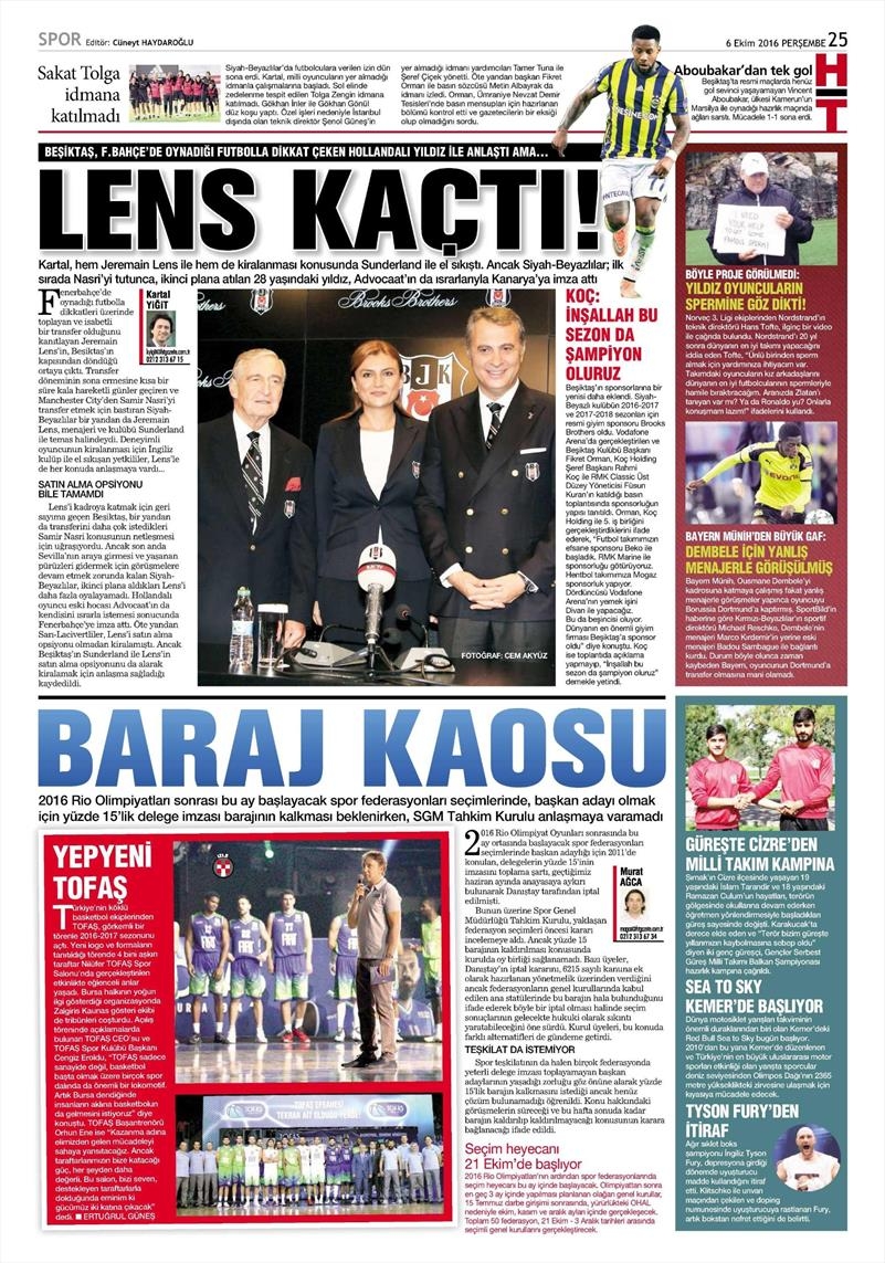 6 Ekim 2016 | Beşiktaş sayfaları - Görsel 4