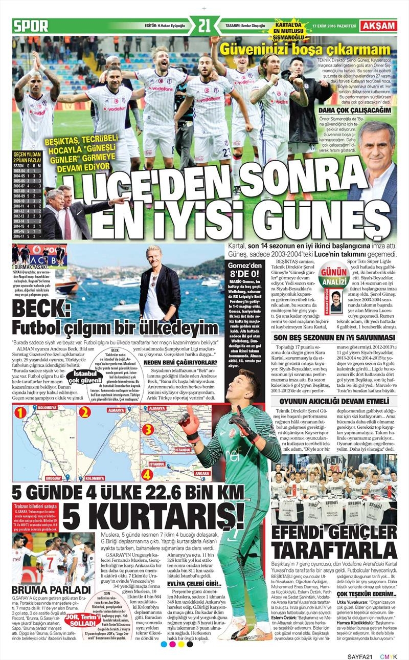 17 Ekim 2016 | Gazetelerin Beşiktaş manşetleri - Görsel 1