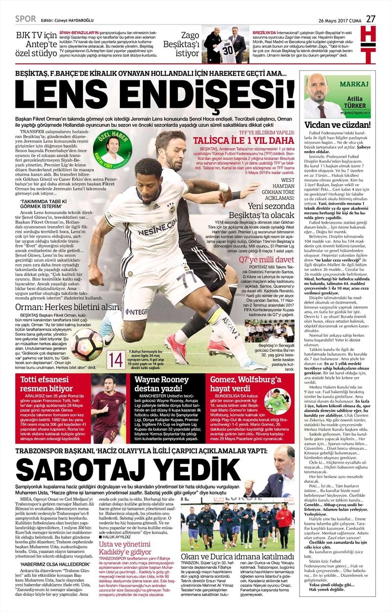 26 Mayıs 2017 | İşte Gazetelerin Beşiktaş Manşetleri - Görsel 7