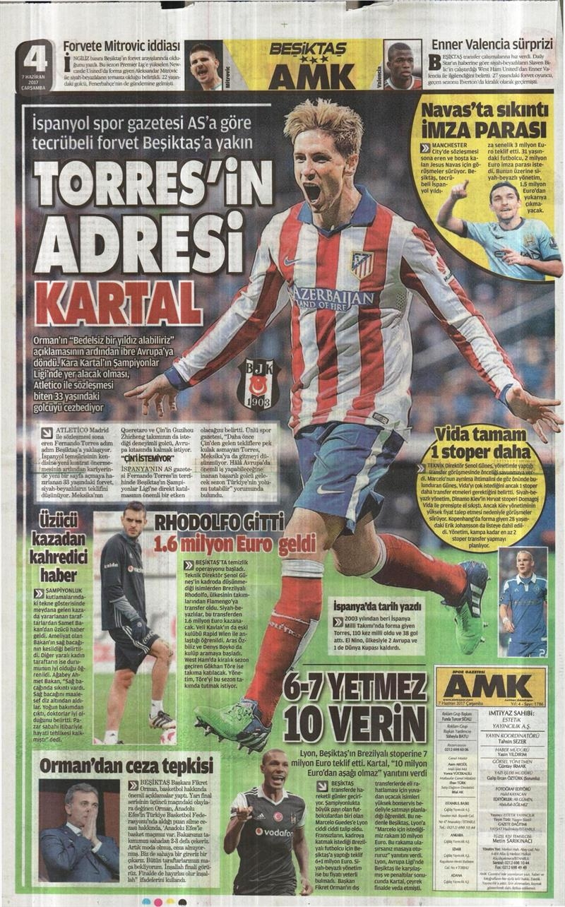 07 Haziran 2017 | Gazetelerin Beşiktaş Manşetleri - Görsel 1