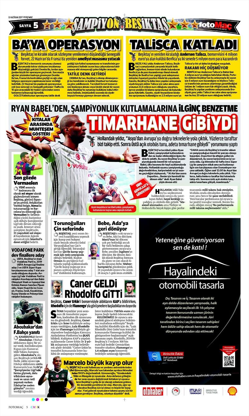 08 Haziran 2017 | Gazetelerin Beşiktaş Manşetleri - Görsel 11