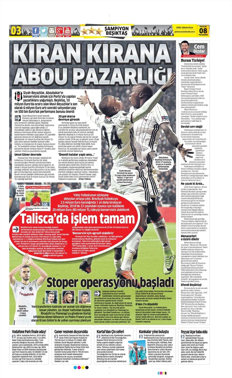 08 Haziran 2017 | Gazetelerin Beşiktaş Manşetleri - Görsel 4