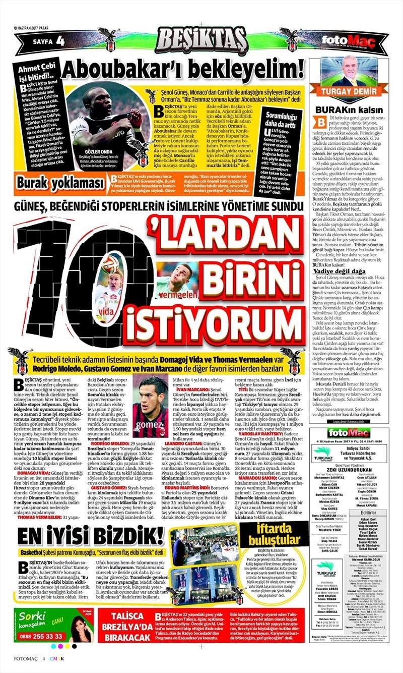 18 Haziran 2017 | İşte gazetelerin Beşiktaş manşetleri - Görsel 7