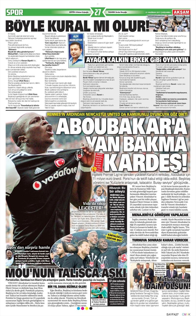 21 Haziran 2017 | Gazetelerin Beşiktaş Manşetleri - Görsel 1