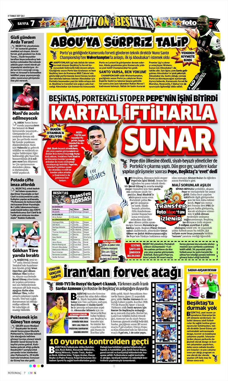 04 Temmuz 2017 | Gazetelerin Beşiktaş Manşetleri - Görsel 7