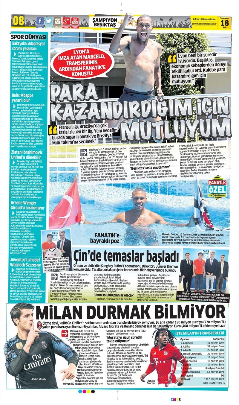 18 Temmuz 2017 | Gazetelerin Beşiktaş Manşetleri - Görsel 1